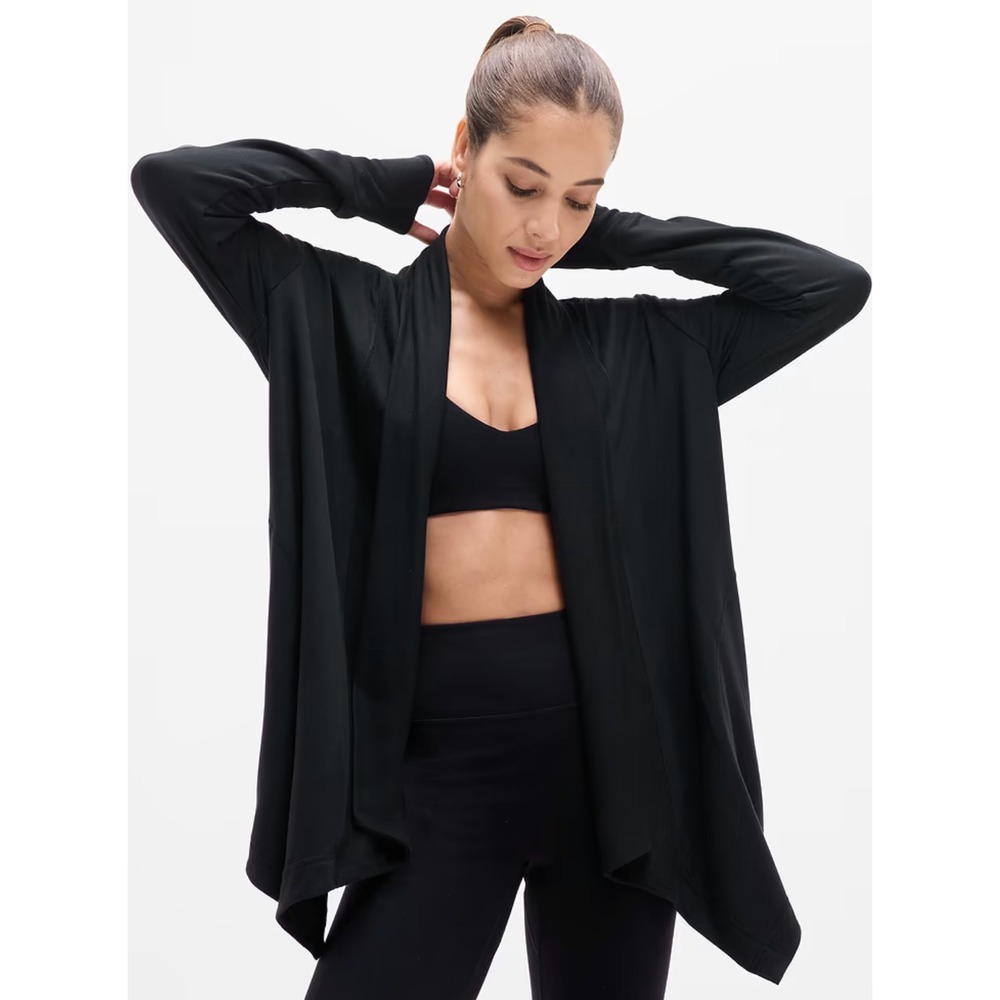 Athleta Pranayama Wrap Black Open Front Cardigan Tencel Modal Rib Shawl Collar M